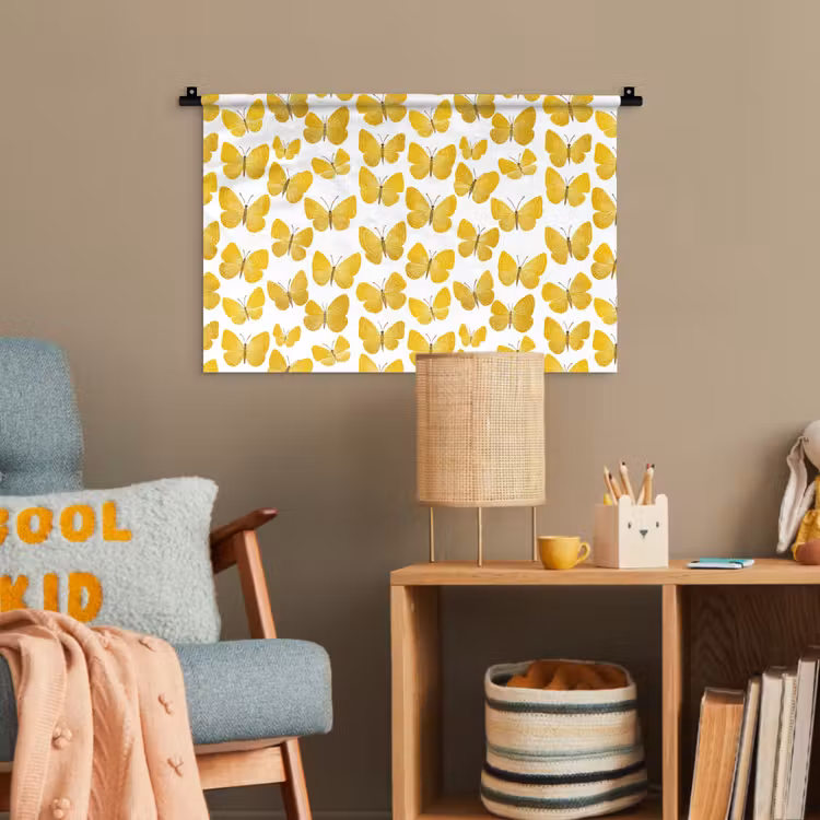 Vlinders - Botanisch - Illustratie - Geel - Wit Wandkleed katoen klein 269 -wsfeer4_kind
