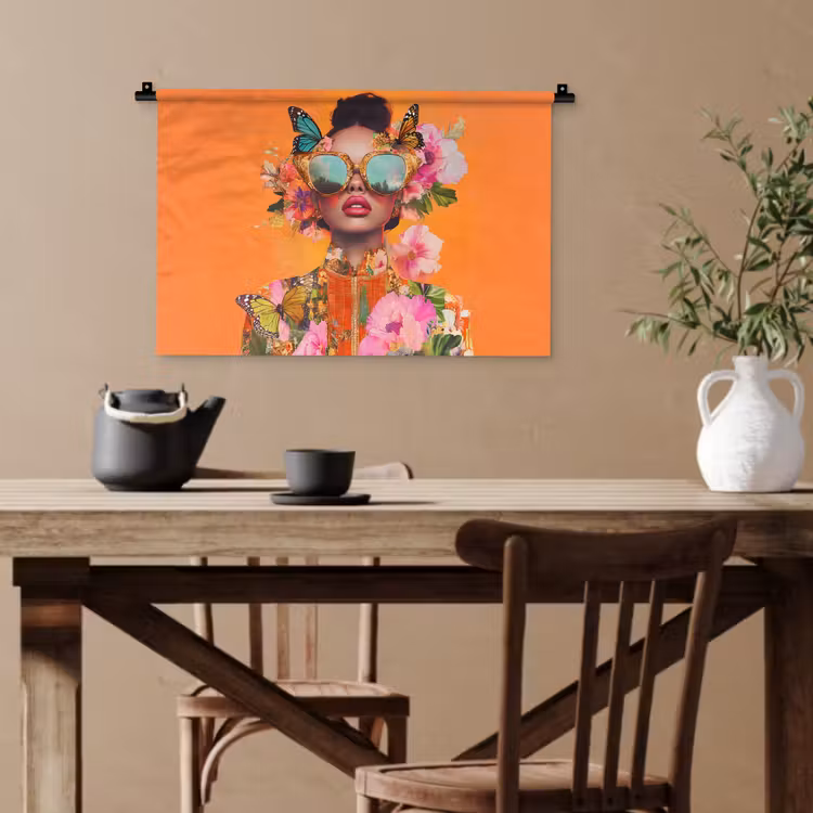 Vlinders - Vrouw - Zonnebril - Kleurrijk Wandkleed katoen klein -sfeer6