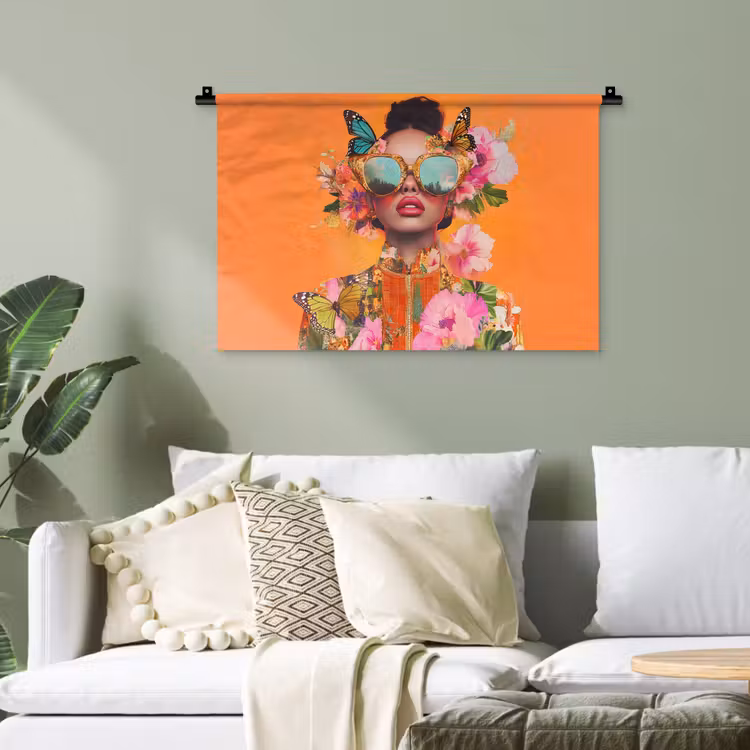 Vlinders - Vrouw - Zonnebril - Kleurrijk Wandkleed katoen klein -sfeer7