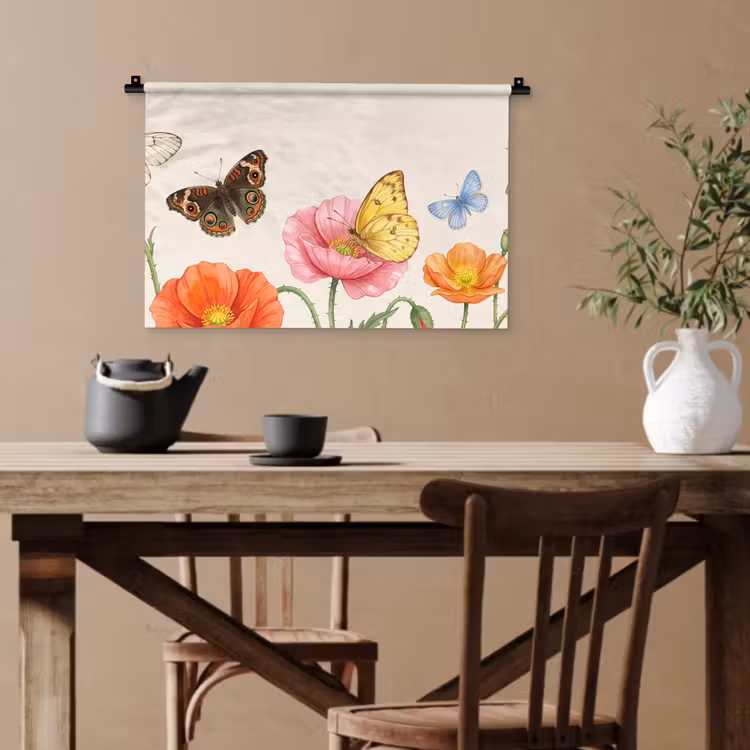 Vlinders - Klaprozen - Illustratie - Kleurrijk Wandkleed katoen klein -sfeer6