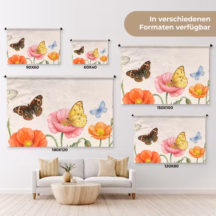 Vlinders - Klaprozen - Illustratie - Kleurrijk Wandkleed katoen klein -tsfeer8_DE