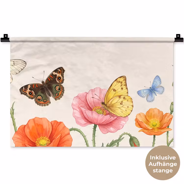 Vlinders - Klaprozen - Illustratie - Kleurrijk Wandkleed katoen klein -t3d_DE