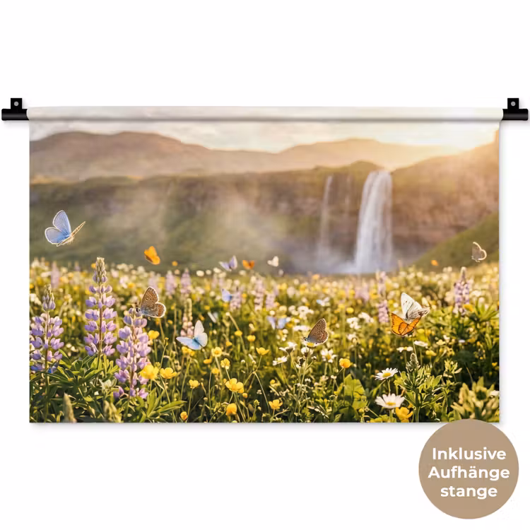 Vlinders - Waterval - Bloemenveld Wandkleed katoen klein -t3d_DE
