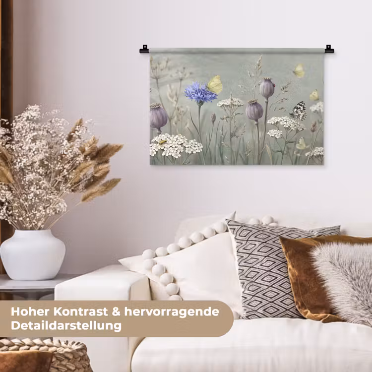 Vlinders - Wildbloemen - Illustratie - Kleurrijk Wandkleed katoen klein -tsfeer1_DE