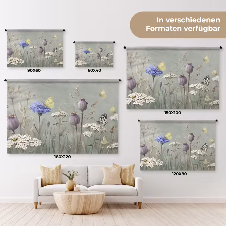 Vlinders - Wildbloemen - Illustratie - Kleurrijk Wandkleed katoen klein -tsfeer8_DE