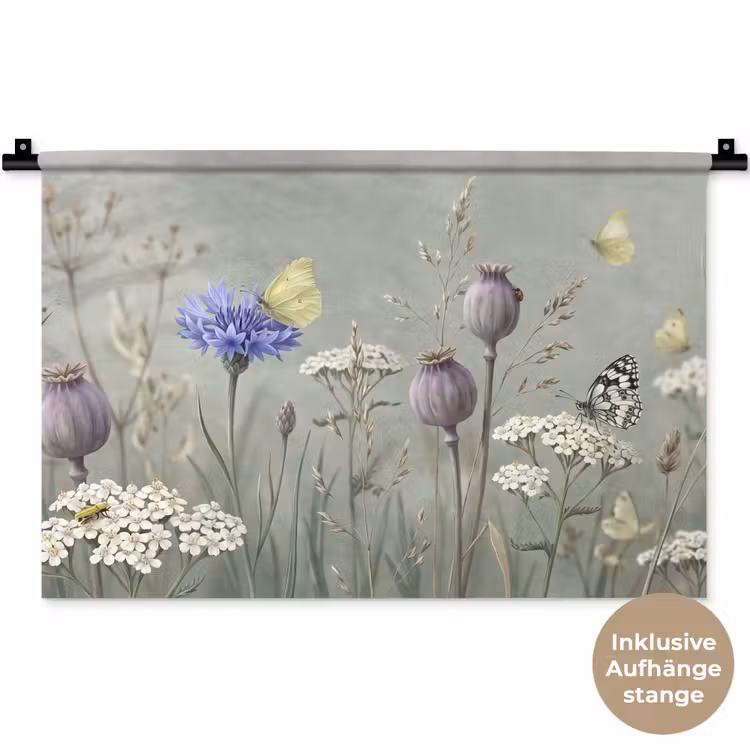 Vlinders - Wildbloemen - Illustratie - Kleurrijk Wandkleed katoen klein -t3d_DE