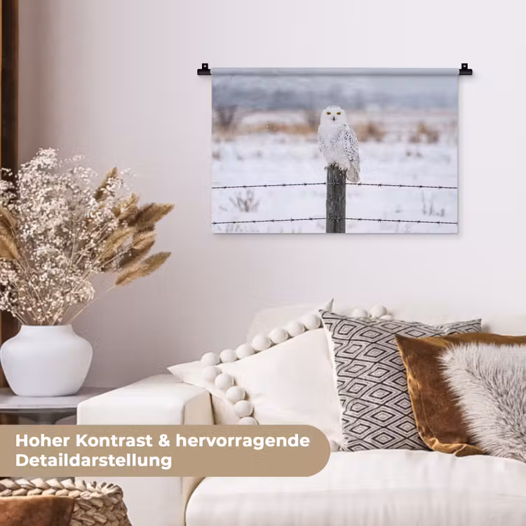 Sneeuwuil - Hek - Sneeuw - Wit Wandkleed katoen klein -tsfeer1_DE