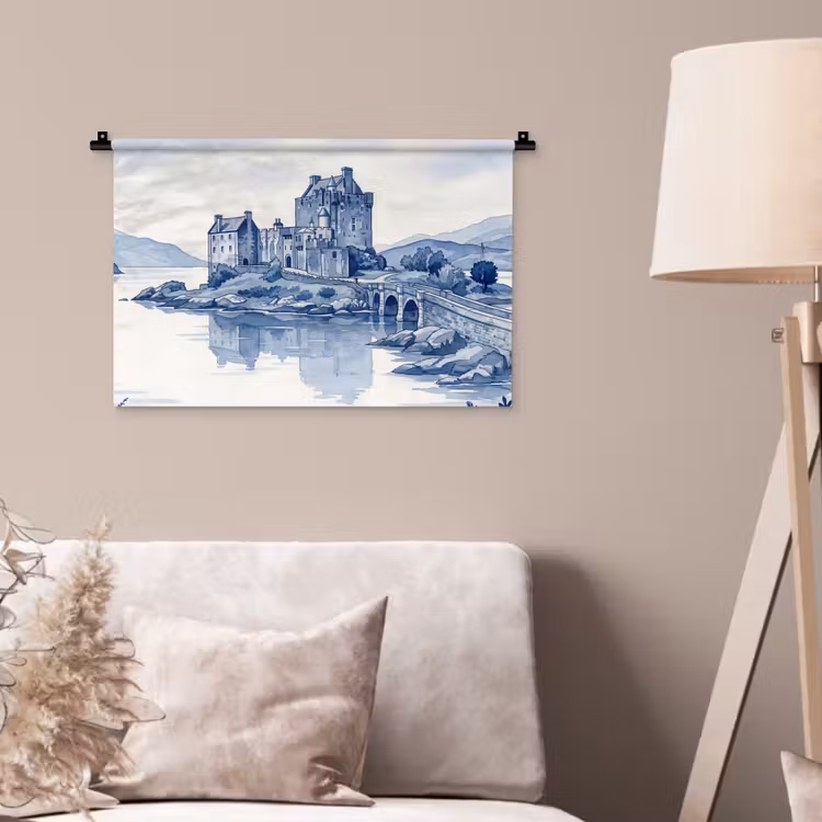 Schots - Kasteel - Blauw - Aquarel Wandkleed katoen klein -sfeer4