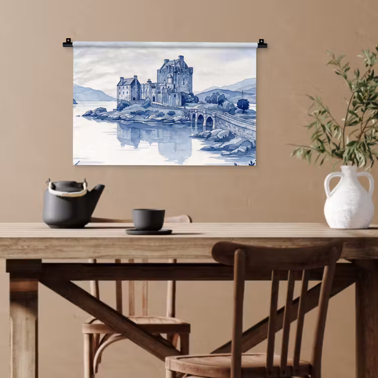 Schots - Kasteel - Blauw - Aquarel Wandkleed katoen klein -sfeer6