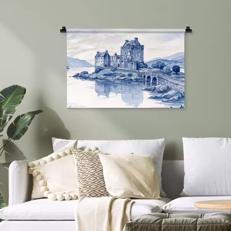 Schots - Kasteel - Blauw - Aquarel Wandkleed katoen klein -sfeer7