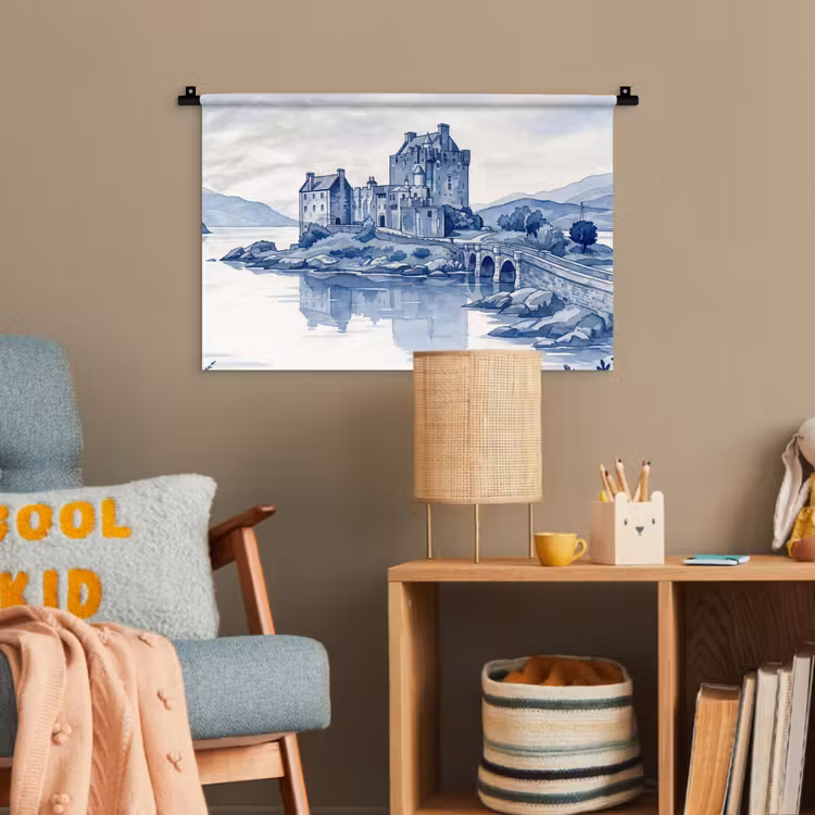 Schots - Kasteel - Blauw - Aquarel Wandkleed katoen klein -wsfeer4_kind