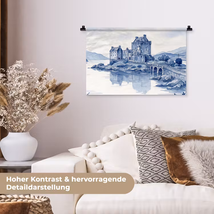 Schots - Kasteel - Blauw - Aquarel Wandkleed katoen klein -tsfeer1_DE