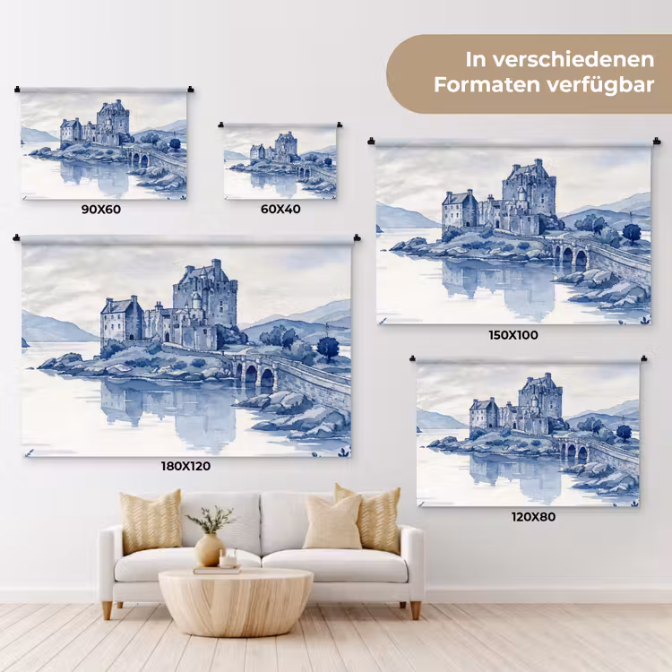 Schots - Kasteel - Blauw - Aquarel Wandkleed katoen klein -tsfeer8_DE