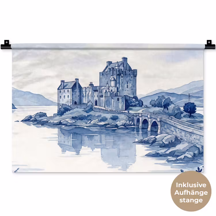 Schots - Kasteel - Blauw - Aquarel Wandkleed katoen klein -t3d_DE