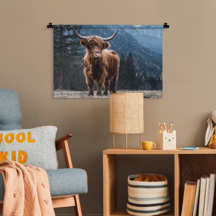 Schotse hooglander - Berg - Landschap - Bomen - Koe - Natuur Wandkleed katoen klein -wsfeer4_kind