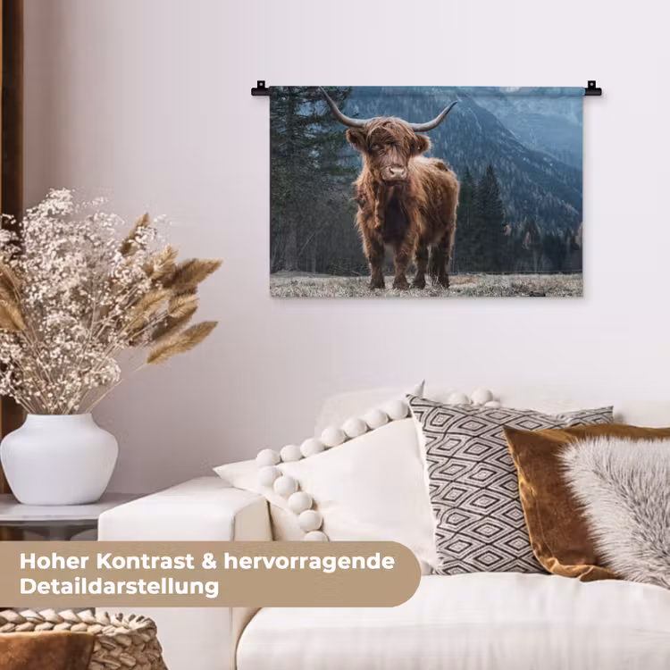 Schotse hooglander - Berg - Landschap - Bomen - Koe - Natuur Wandkleed katoen klein -tsfeer1_DE