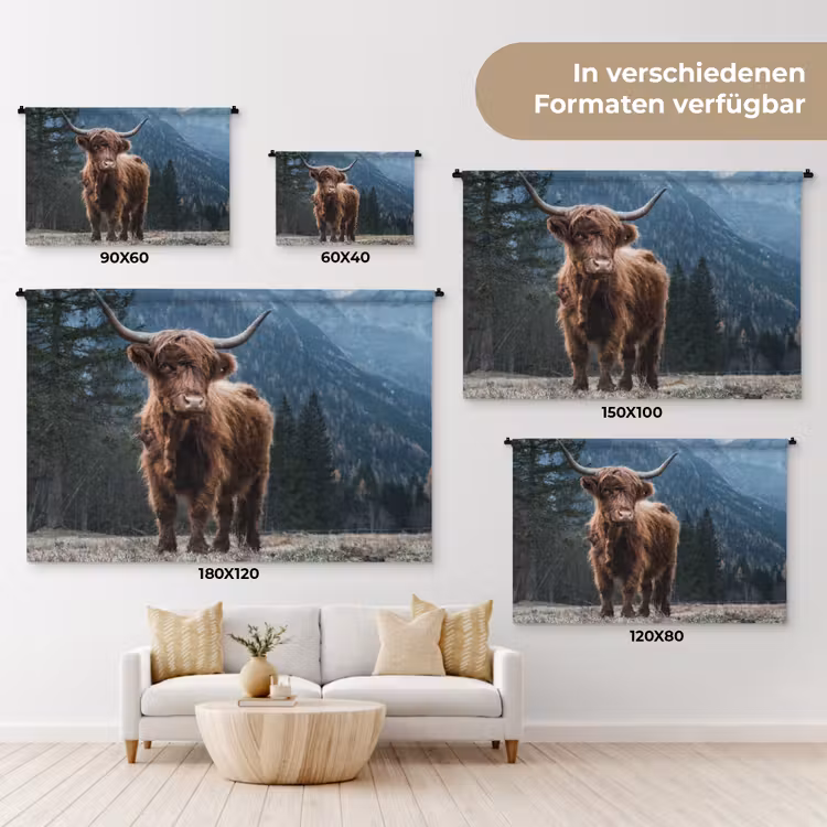 Schotse hooglander - Berg - Landschap - Bomen - Koe - Natuur Wandkleed katoen klein -tsfeer8_DE