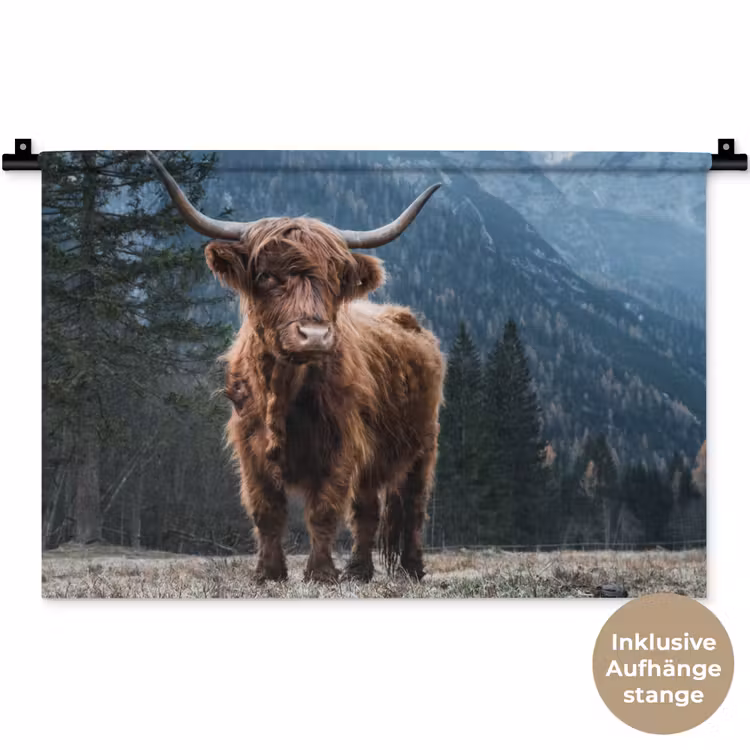 Schotse hooglander - Berg - Landschap - Bomen - Koe - Natuur Wandkleed katoen klein -t3d_DE