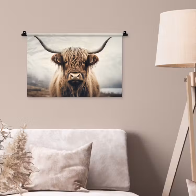 Schotse hooglander - Hoorns - Landschap Wandkleed katoen klein -sfeer4
