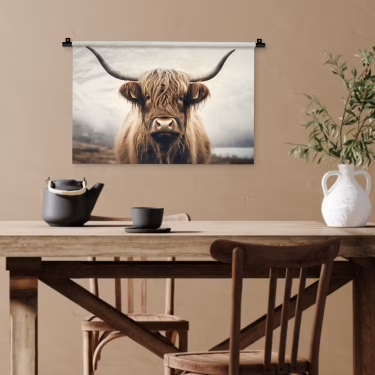 Schotse hooglander - Hoorns - Landschap Wandkleed katoen klein -sfeer6