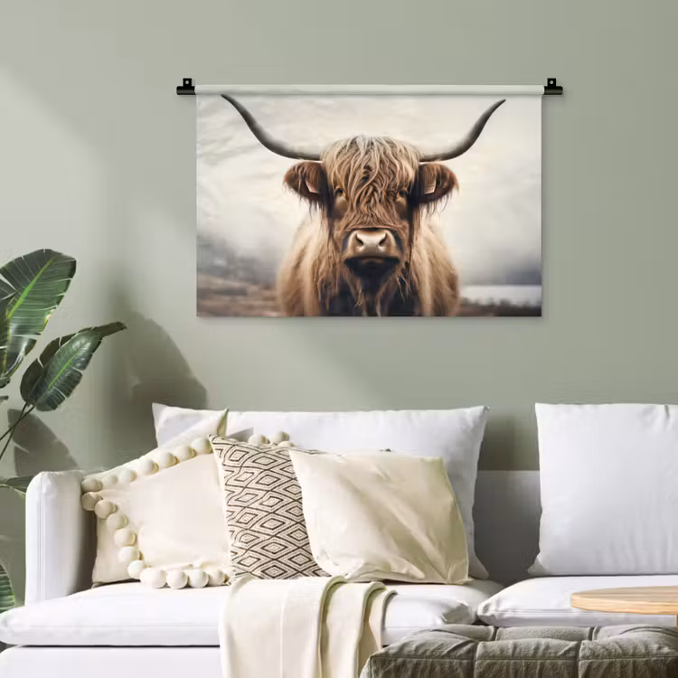 Schotse hooglander - Hoorns - Landschap Wandkleed katoen klein -sfeer7