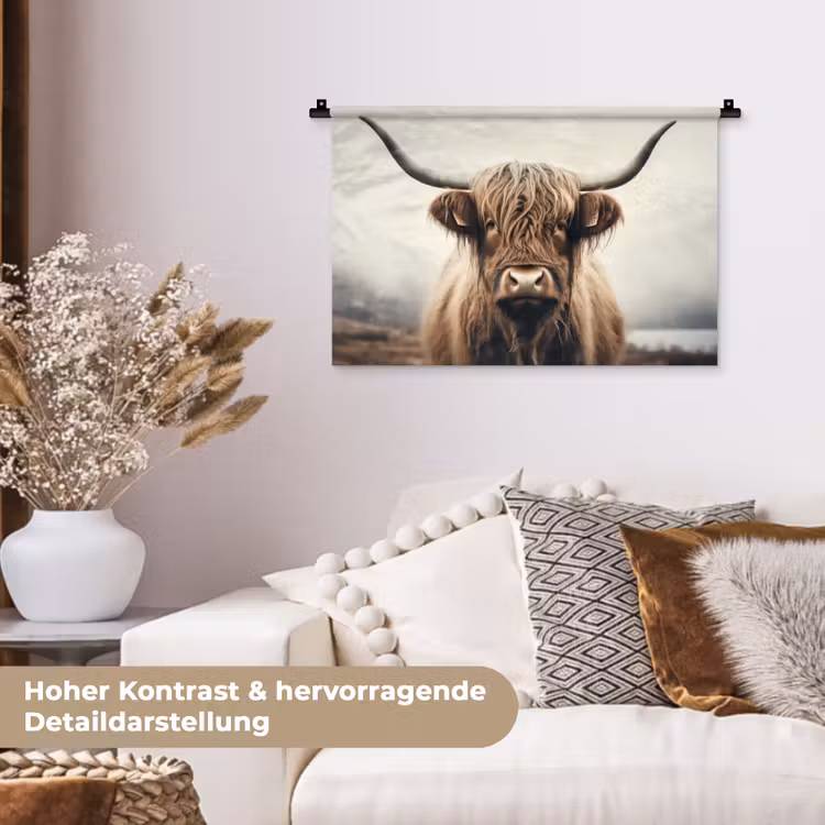 Schotse hooglander - Hoorns - Landschap Wandkleed katoen klein -tsfeer1_DE