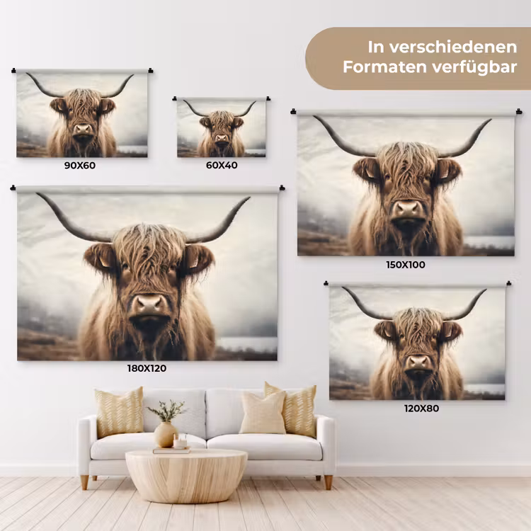 Schotse hooglander - Hoorns - Landschap Wandkleed katoen klein -tsfeer8_DE