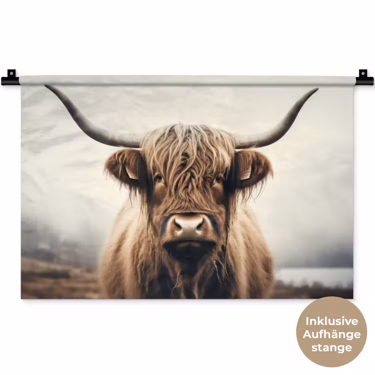 Schotse hooglander - Hoorns - Landschap Wandkleed katoen klein -t3d_DE