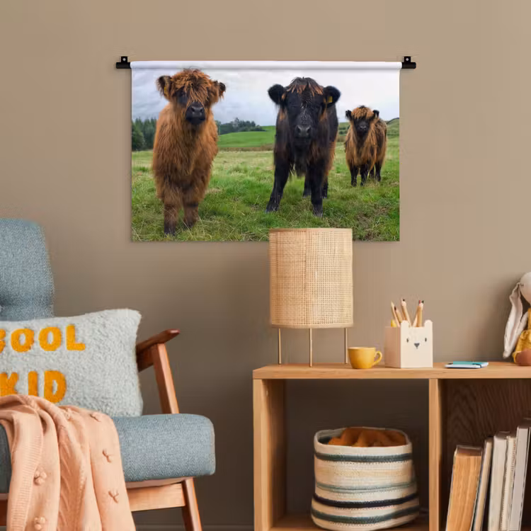 Schotse hooglander - Koeien - Natuur - Groen - Gras Wandkleed katoen klein -wsfeer4_kind