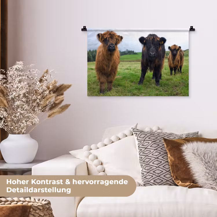 Schotse hooglander - Koeien - Natuur - Groen - Gras Wandkleed katoen klein -tsfeer1_DE