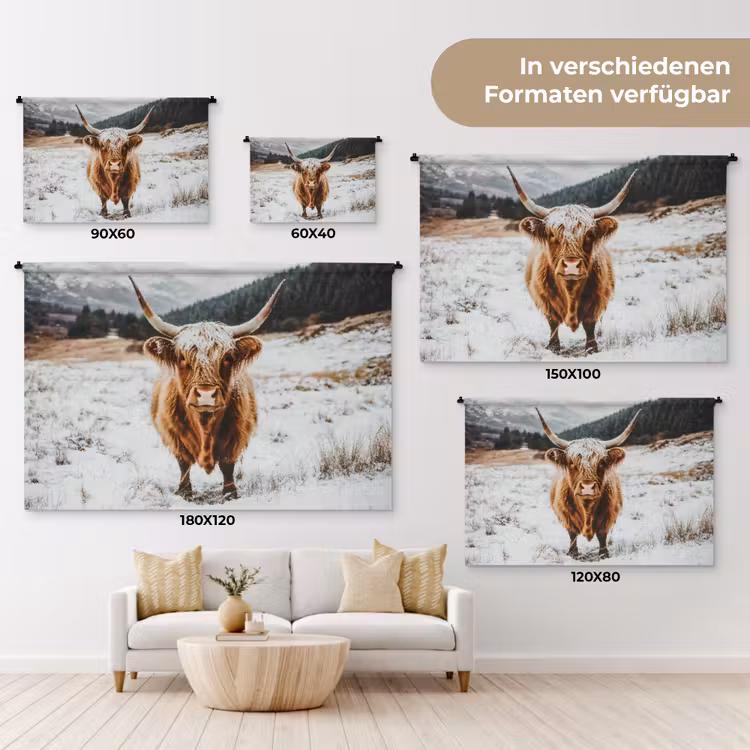 Schotse Hooglander - Landschap - Sneeuw - Bergen - Winter Wandkleed katoen klein -tsfeer8_DE