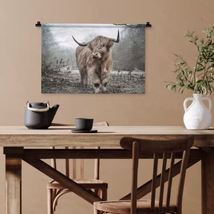 Schotse hooglander - Natuur - Herfst - Dieren - Wild - Bos Wandkleed katoen klein -sfeer6