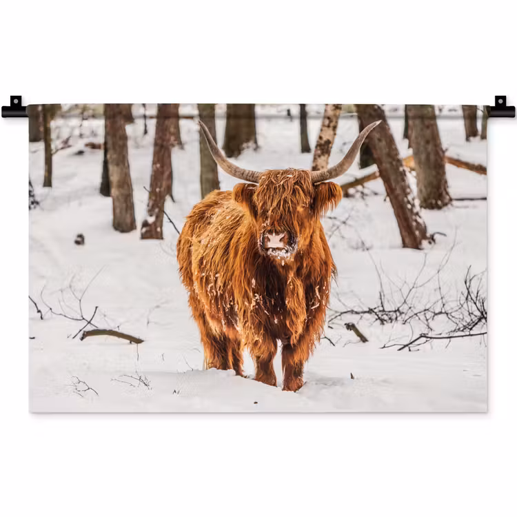 Schotse Hooglander - Sneeuw - Winter - Natuur - Dieren Wandkleed katoen klein -zz3d