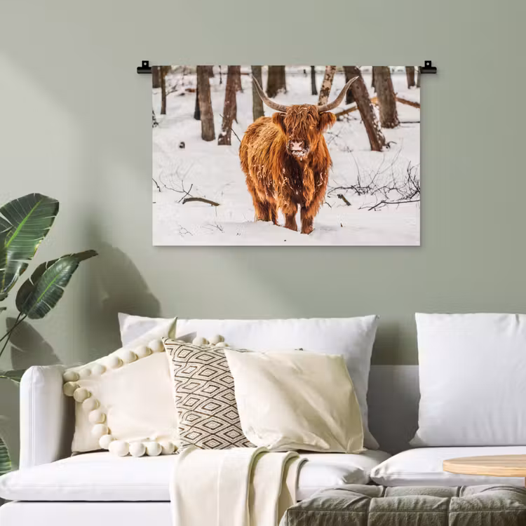 Schotse Hooglander - Sneeuw - Winter - Natuur - Dieren Wandkleed katoen klein -sfeer7