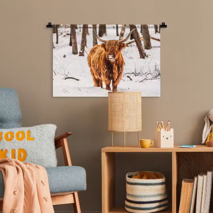 Schotse Hooglander - Sneeuw - Winter - Natuur - Dieren Wandkleed katoen klein -wsfeer4_kind