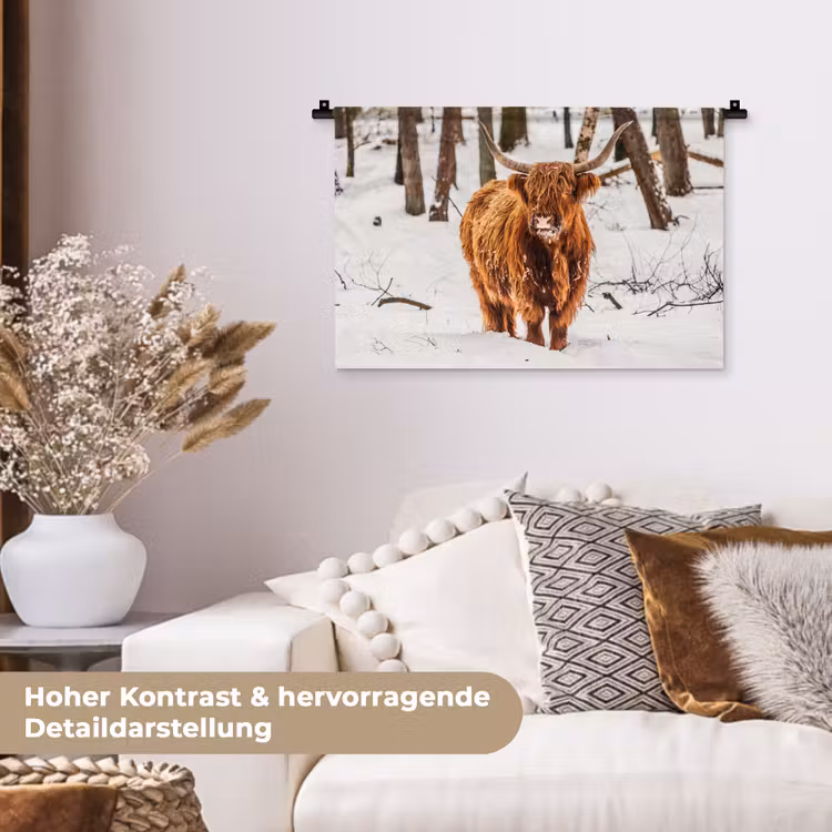 Schotse Hooglander - Sneeuw - Winter - Natuur - Dieren Wandkleed katoen klein -tsfeer1_DE