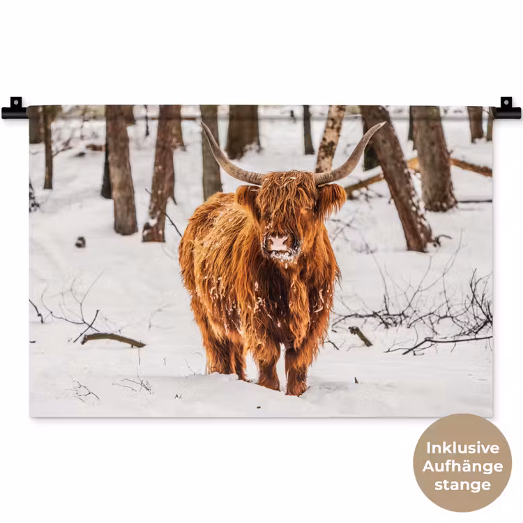 Schotse Hooglander - Sneeuw - Winter - Natuur - Dieren Wandkleed katoen klein -t3d_DE