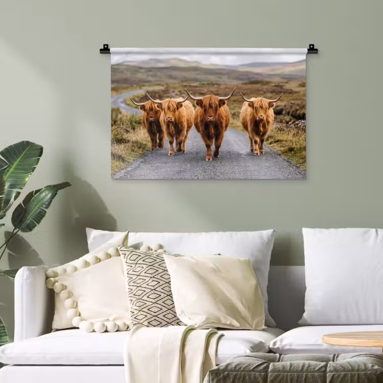 Schotse Hooglanders - Weg - Landschap - Kudde Wandkleed katoen klein -sfeer7