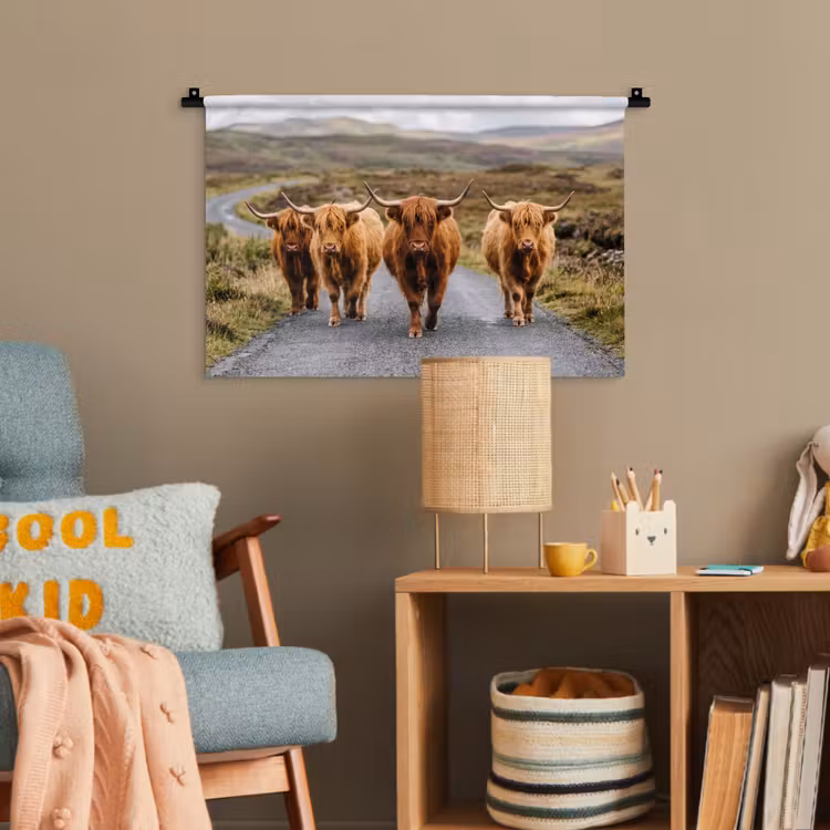 Schotse Hooglanders - Weg - Landschap - Kudde Wandkleed katoen klein -wsfeer4_kind