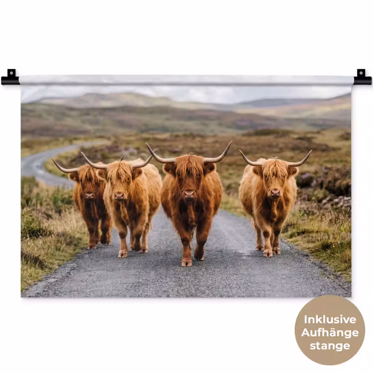Schotse Hooglanders - Weg - Landschap - Kudde Wandkleed katoen klein -t3d_DE