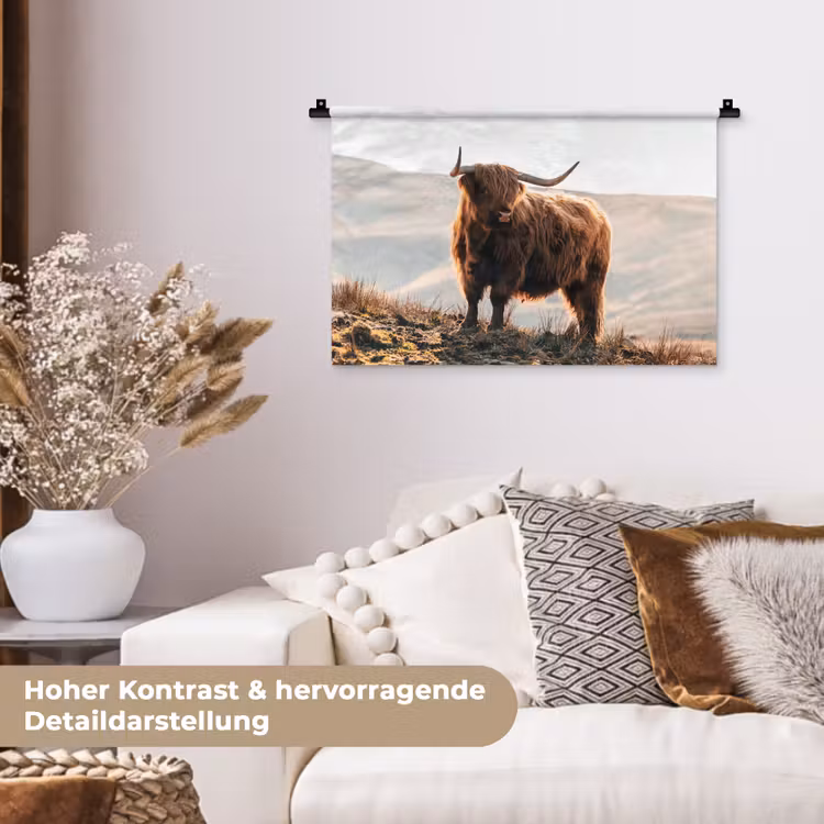 Schotse hooglander - Dieren - Landelijk - Landschap - Koe - Natuur Wandkleed katoen klein -tsfeer1_DE