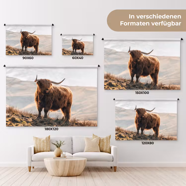 Schotse hooglander - Dieren - Landelijk - Landschap - Koe - Natuur Wandkleed katoen klein -tsfeer8_DE