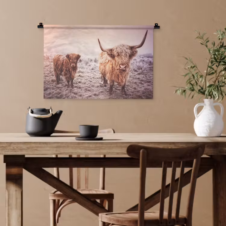 Schotse hooglanders - Licht - Lucht - Natuur Wandkleed katoen klein -sfeer6
