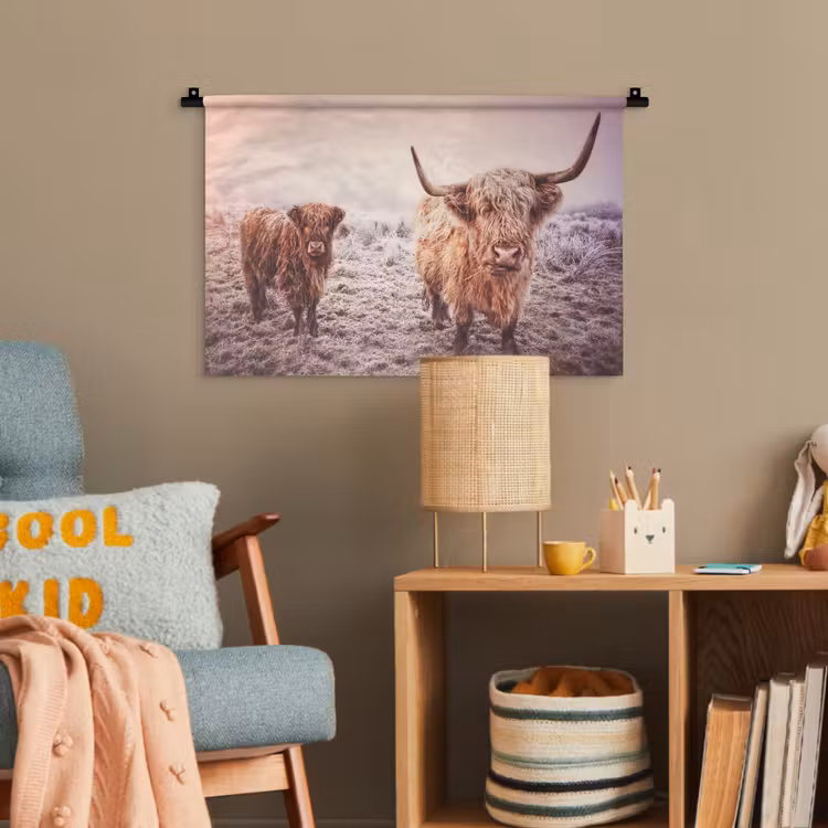 Schotse hooglanders - Licht - Lucht - Natuur Wandkleed katoen klein -wsfeer4_kind