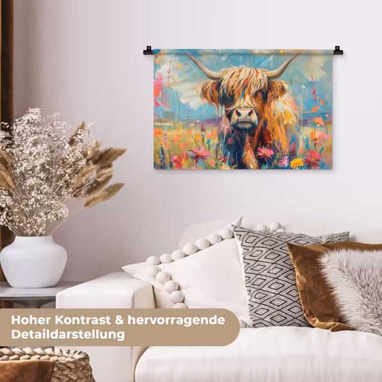 Schotse hooglander - Natuur - Kleurrijk - Bloemen Wandkleed katoen klein -tsfeer1_DE