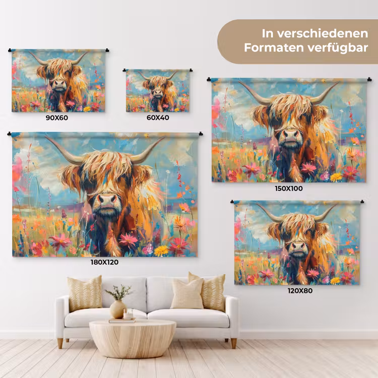 Schotse hooglander - Natuur - Kleurrijk - Bloemen Wandkleed katoen klein -tsfeer8_DE