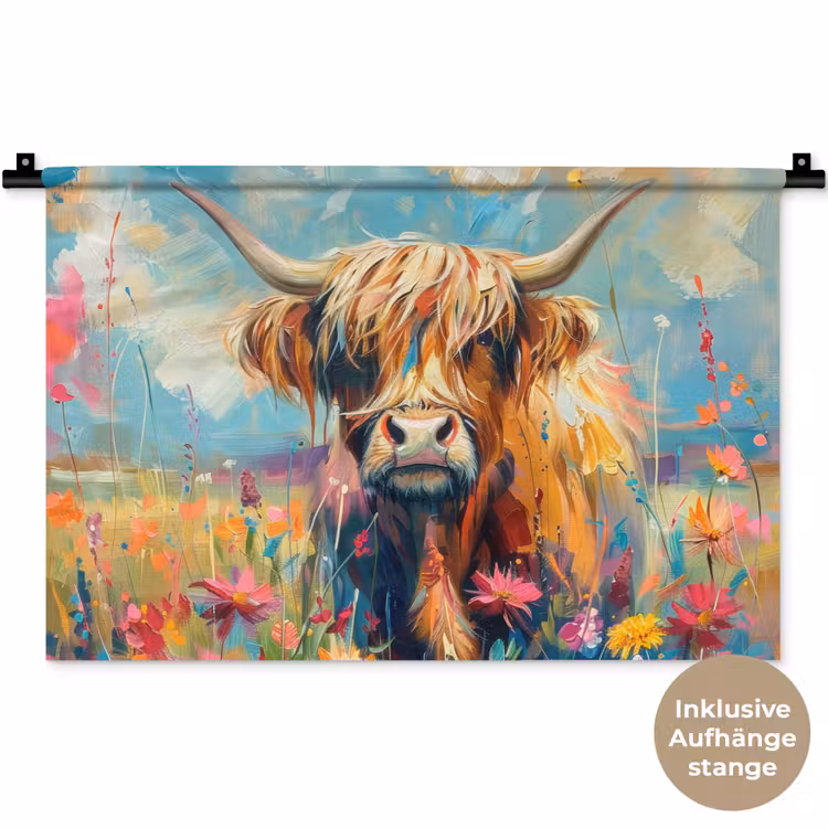 Schotse hooglander - Natuur - Kleurrijk - Bloemen Wandkleed katoen klein -t3d_DE