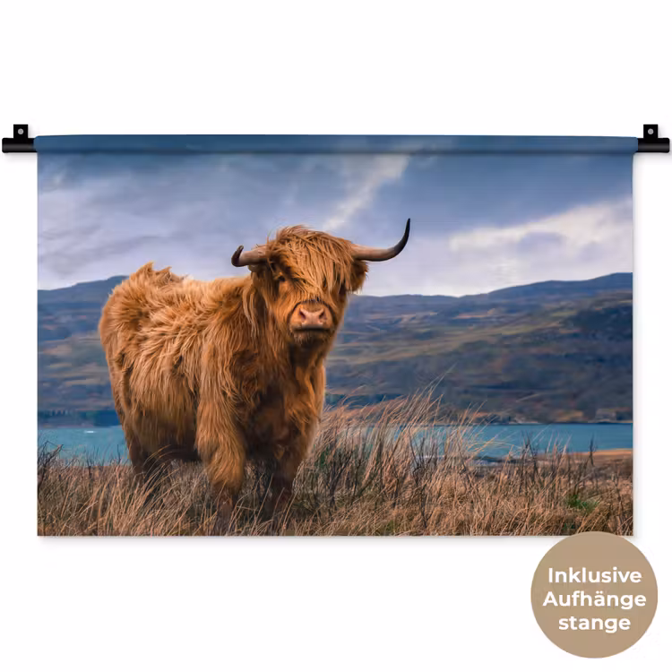 Schotse Hooglander - Berg - Water - Natuur - Koe Wandkleed katoen klein -t3d_DE