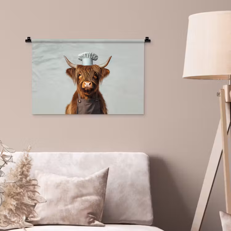 Schotse Hooglander - Bruin - Hoorns - Kokskleding Wandkleed katoen klein -sfeer4