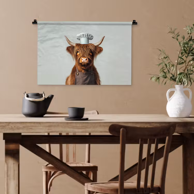 Schotse Hooglander - Bruin - Hoorns - Kokskleding Wandkleed katoen klein -sfeer6